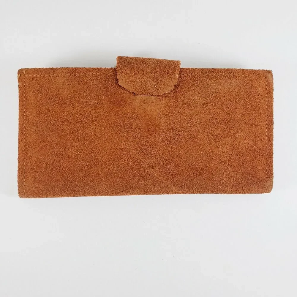 Vtg Camel Tan Suede Wallet Pocket Book Gold Tone Accents Pocket Book Retro 70s